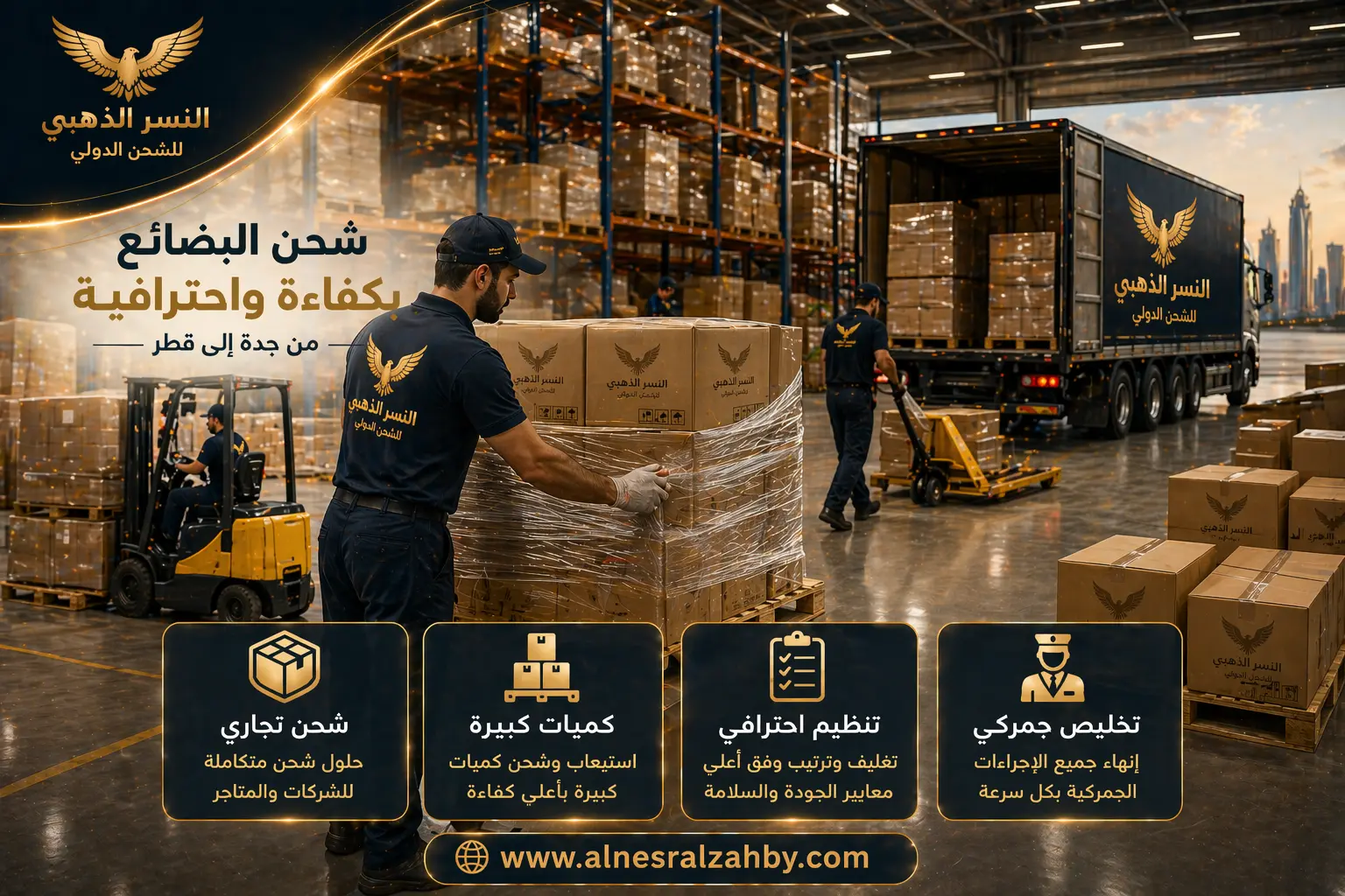 عمال يقومون بتحميل بضائع وكرتون داخل مستودع وشاحنة لنقل البضائع من جدة إلى قطر بشكل منظم وآمن
