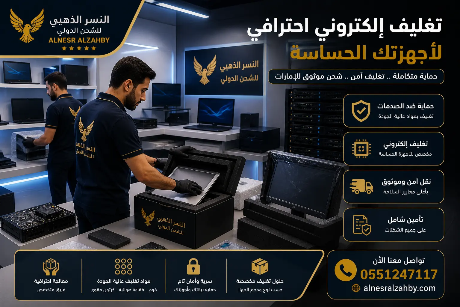فريق متخصص يقوم بتغليف أجهزة إلكترونية وشاشات وسيرفرات داخل غرفة تقنية باستخدام مواد حماية احترافية للشحن إلى عمان