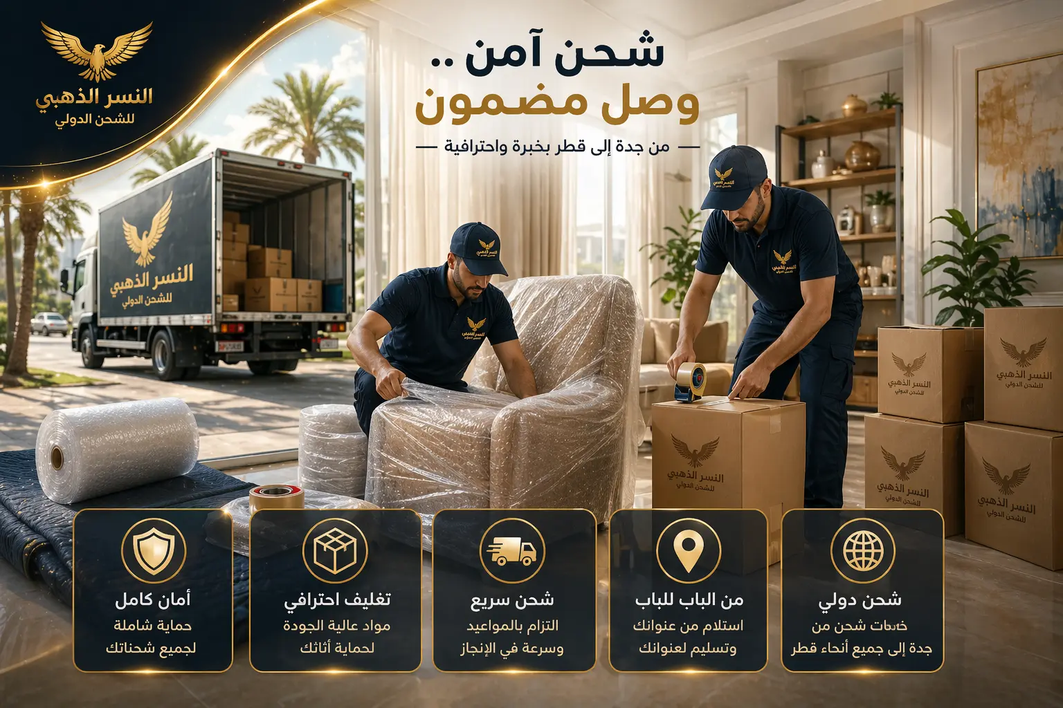 فريق عمل يقوم بتغليف الأثاث داخل المنزل باستخدام مواد احترافية لحماية العفش أثناء الشحن من جدة إلى قطر