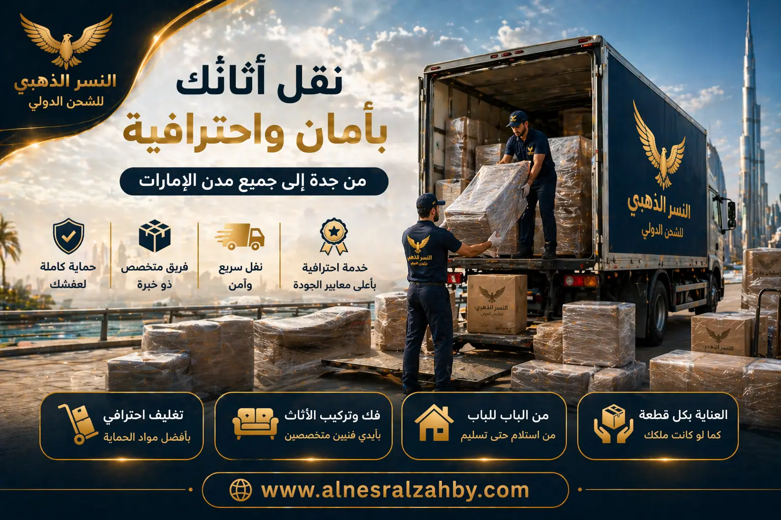 فريق متخصص يقوم بتحميل الأثاث داخل شاحنة نقل مجهزة لنقل العفش من جدة إلى الإمارات بطريقة منظمة وآمنة