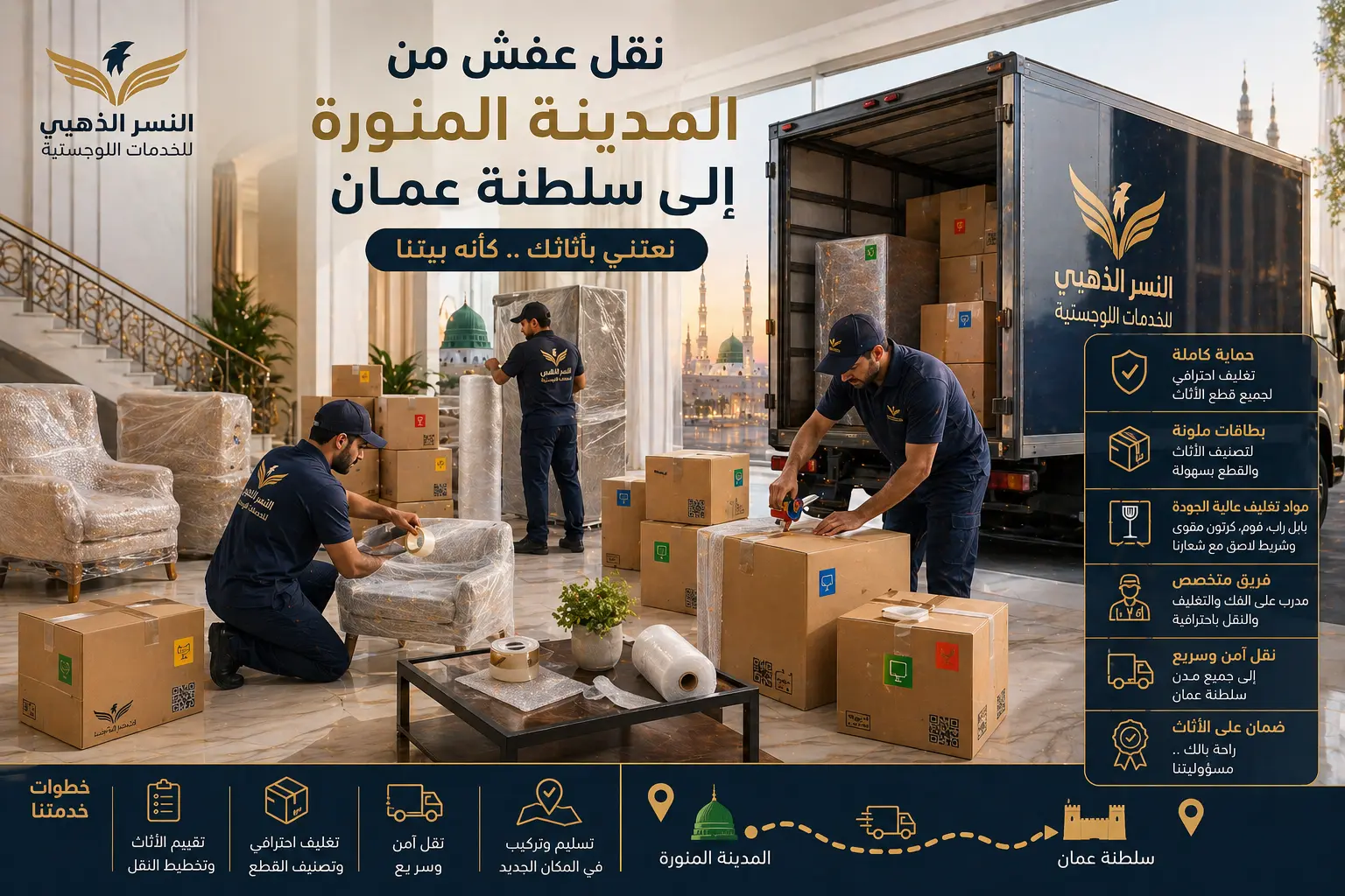 فريق النسر الذهبي للشحن الدولي يقوم بتغليف ونقل العفش من المدينة المنورة إلى عمان