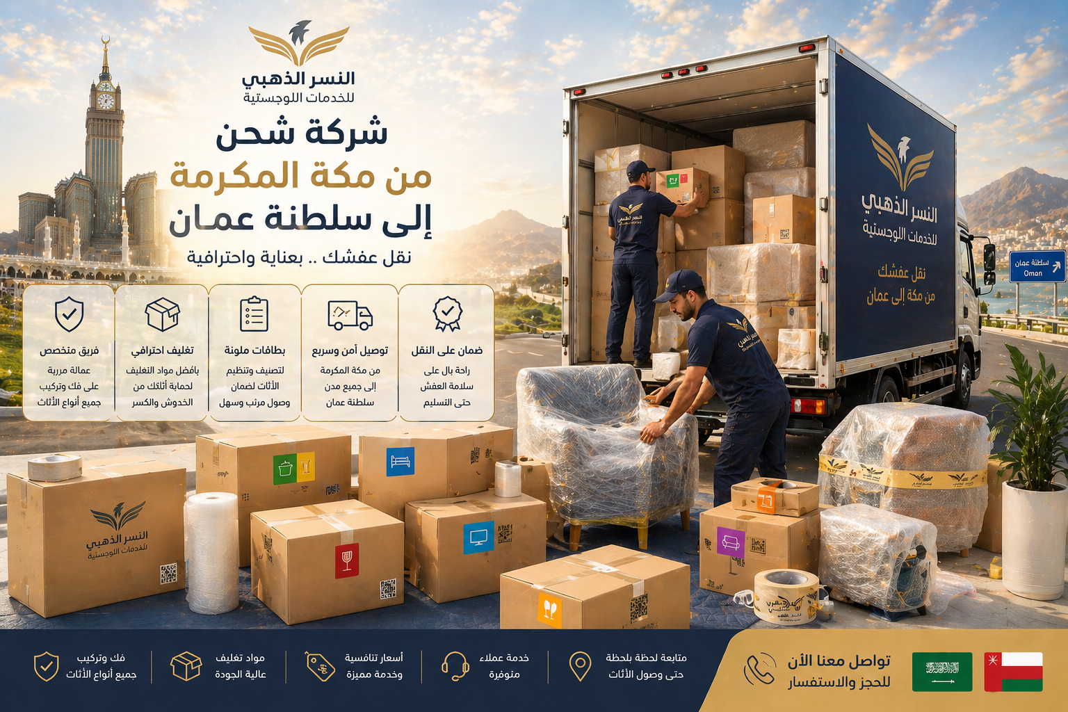 فريق تغليف ونقل عفش احترافي من مكة إلى سلطنة عمان