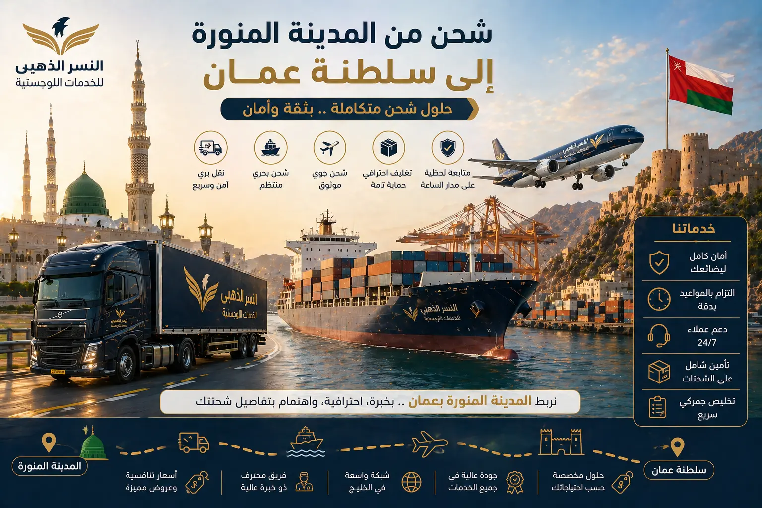 شحن بري وبحري وجوي من المدينة المنورة إلى سلطنة عمان عبر النسر الذهبي للشحن الدولي