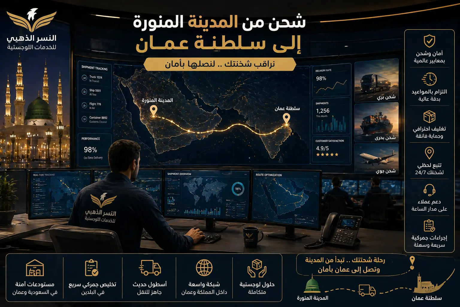متابعة شحنات النسر الذهبي للشحن الدولي بين المدينة المنورة وسلطنة عمان