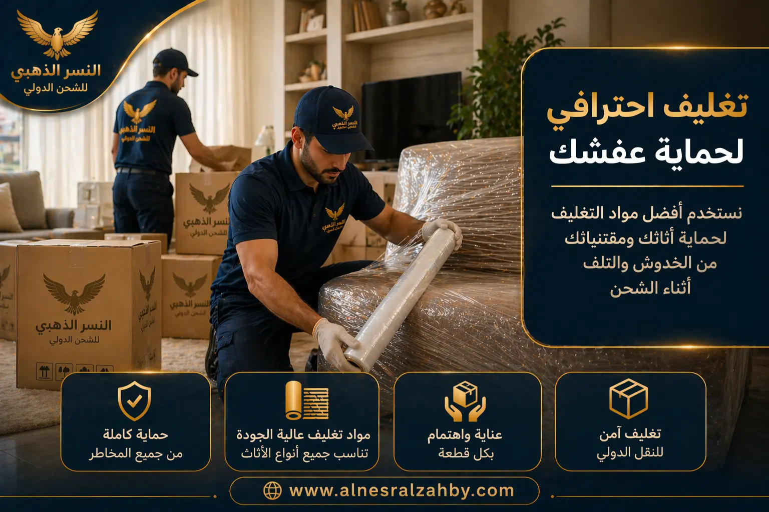 عمال يقومون بتغليف الأثاث باستخدام مواد حماية عالية الجودة لضمان سلامة الشحن من جدة إلى الإمارات