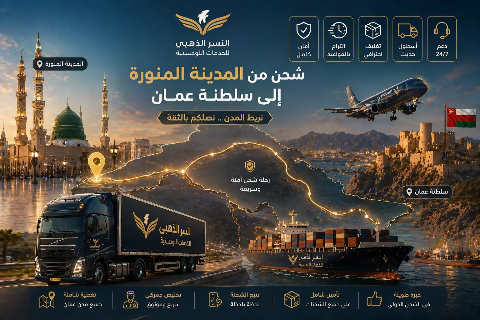 خريطة رقمية توضح مسار الشحن من المدينة المنورة إلى سلطنة عمان